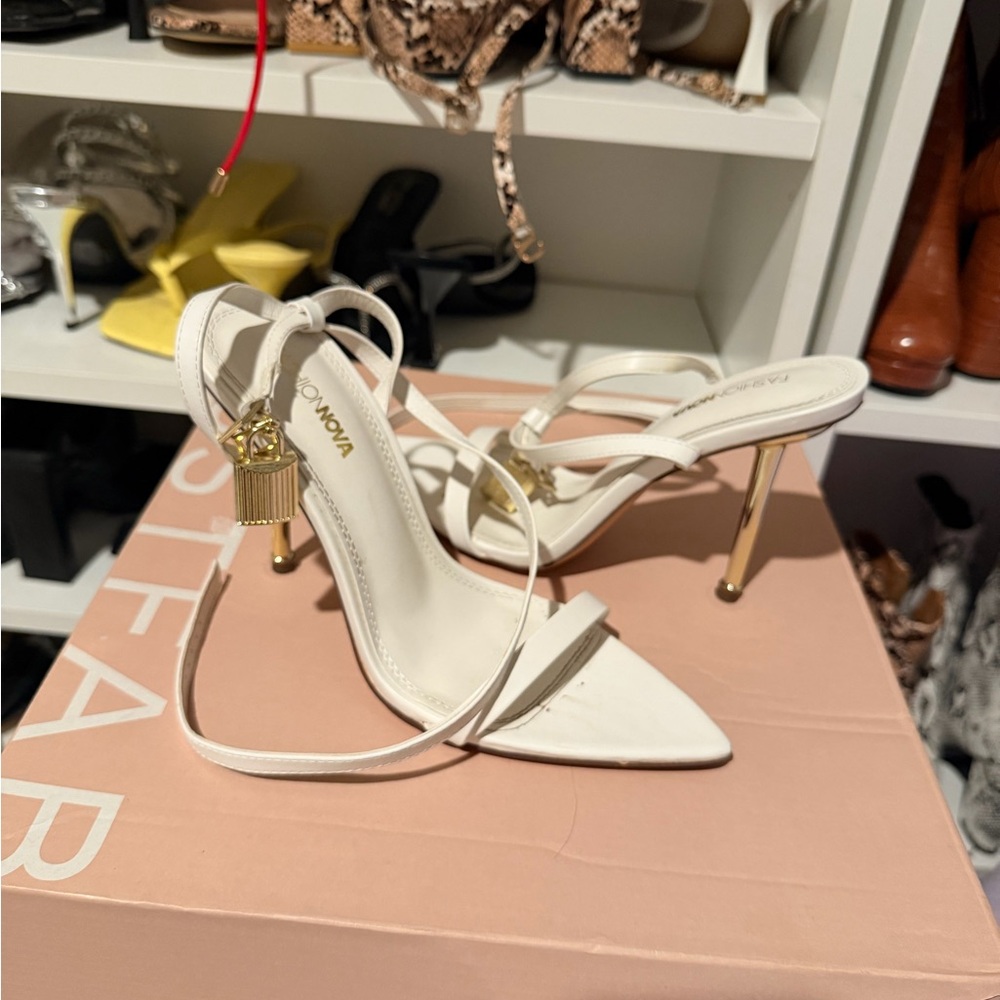 Fashion Nova White and Gold Strappy Heels